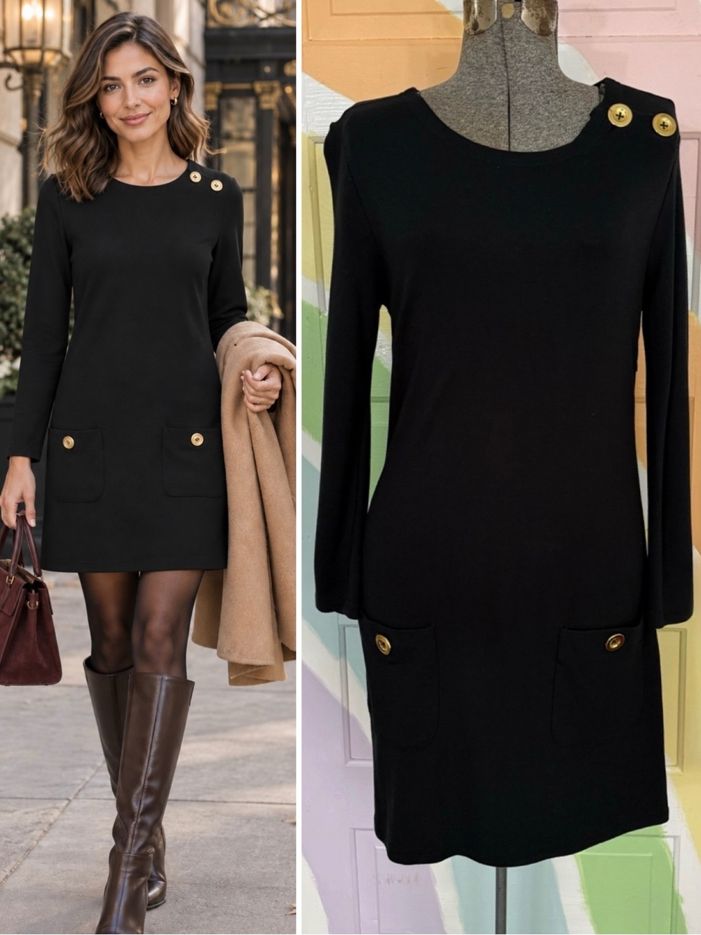 Sail to Sable Black Ponte Shift Dress Gold Button Detail Pockets XS 💚🍄